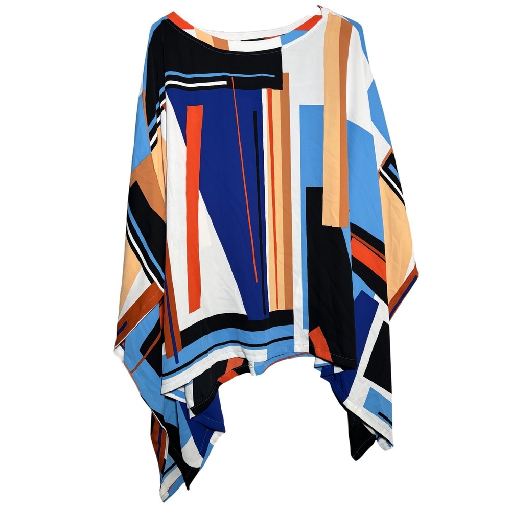 Chicos Womens L/XL Poncho Top Geometric Abstract Print Blue Orange Blouse Artsy